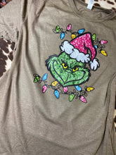 Load image into Gallery viewer, Sequin-look grinch with lights tee/hoodie (multiple colors!)