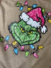 Load image into Gallery viewer, Sequin-look grinch with lights tee/hoodie (multiple colors!)
