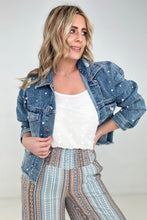 Load image into Gallery viewer, Pearl Embellished Ripped Button Down Denim Jacket