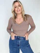 Load image into Gallery viewer, Ribbed Knit Long Sleeve V Neck Top With Chest Pocket