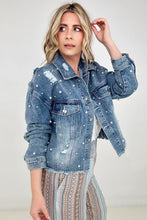 Load image into Gallery viewer, Pearl Embellished Ripped Button Down Denim Jacket