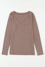 Load image into Gallery viewer, Ribbed Knit Long Sleeve V Neck Top With Chest Pocket