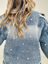 Load image into Gallery viewer, Pearl Embellished Ripped Button Down Denim Jacket