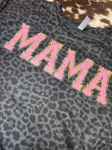 MAMA leopard faux-embroidered chenille letter graphic tee