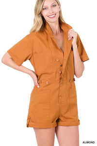 Zenana Woven Cotton Button Front Shirt Romper