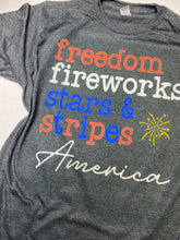 Load image into Gallery viewer, Freedom, fireworks, stars and stripes graphic tee
