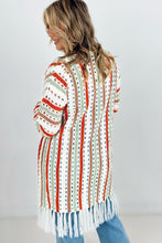 Load image into Gallery viewer, Cozy Co Multi-Color Striped Open Knit Fringe Cardigan
