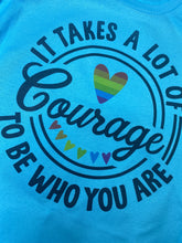 Load image into Gallery viewer, Courage PRIDE graphic tee on blue
