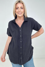 Load image into Gallery viewer, New Color - Zenana &quot;April&quot; Gauze Button Down Raw Edge Short Sleeve Top
