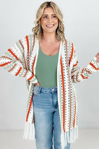 Cozy Co Multi-Color Striped Open Knit Fringe Cardigan