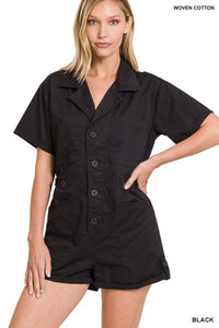 Zenana Woven Cotton Button Front Shirt Romper