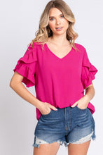 Load image into Gallery viewer, GeeGee V-Neck Ruffle Trim Short Sleeve Blouse
