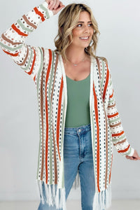 Cozy Co Multi-Color Striped Open Knit Fringe Cardigan