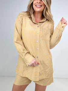 Zenana Striped Button Down Long Sleeve Shirt and Shorts Set