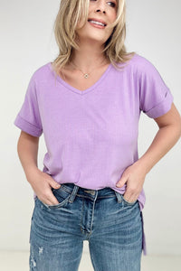 Zenana "Simply Spring" Ribbed V-Neck High-Low Hem Top with Side Slits