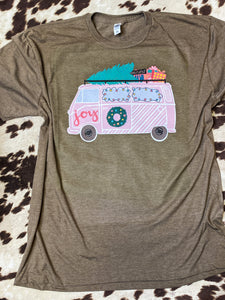 Holiday pastel VW JOY bus with tree graphic tee