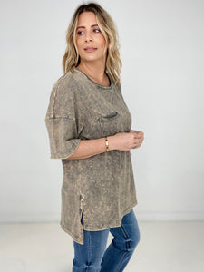 Zenana Acid Wash Front Pocket Raw Edge Top