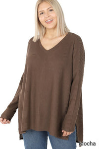 Zenana Plus Brushed Thermal Waffle V-Neck Sweater