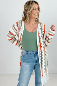 Cozy Co Multi-Color Striped Open Knit Fringe Cardigan