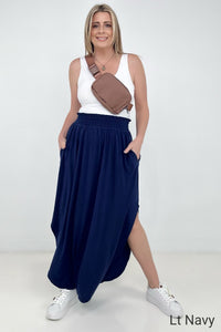 Zenana "Sydney" Smocked Waist Side Slit Maxi Skirt