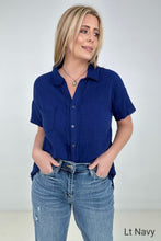 Load image into Gallery viewer, New Color - Zenana &quot;April&quot; Gauze Button Down Raw Edge Short Sleeve Top
