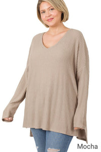 Zenana Plus Brushed Thermal Waffle V-Neck Sweater