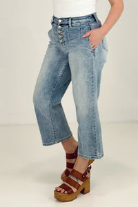 Judy Blue High Waist Button Fly Vintage Wasg Crop Wide Leg Jeans