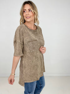 Zenana Acid Wash Front Pocket Raw Edge Top