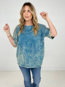 Zenana Acid Wash Front Pocket Raw Edge Top