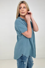 Load image into Gallery viewer, New Color - Zenana &quot;April&quot; Gauze Button Down Raw Edge Short Sleeve Top
