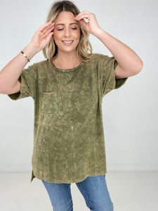 Zenana Acid Wash Front Pocket Raw Edge Top