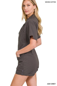 Zenana Woven Cotton Button Front Shirt Romper