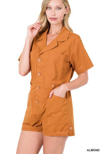 Zenana Woven Cotton Button Front Shirt Romper