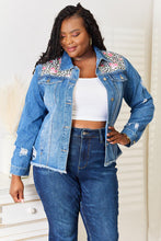 Load image into Gallery viewer, Baeful Leopard Floral Distressed Raw Hem Denim Jacket
