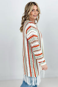 Cozy Co Multi-Color Striped Open Knit Fringe Cardigan