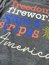 Load image into Gallery viewer, Freedom, fireworks, stars and stripes graphic tee
