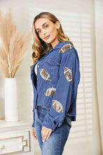 Load image into Gallery viewer, Football Patch Raw Hem Shacket ** 5-10 business day shipping! **
