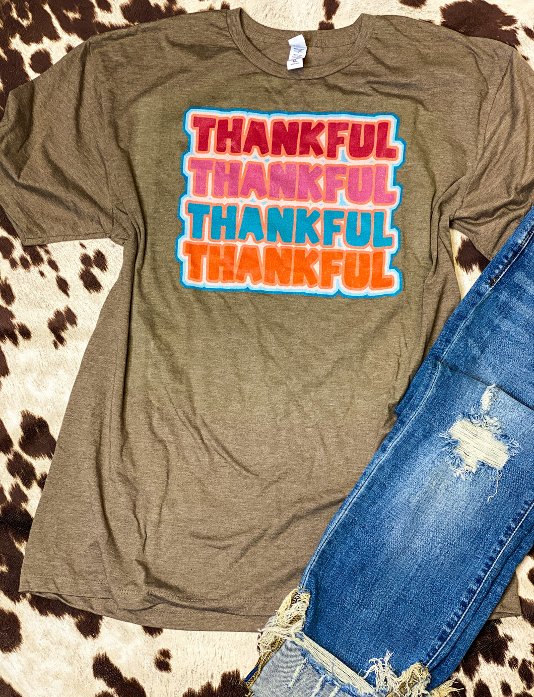 Thankful multicolored graphic tee on heathered brown