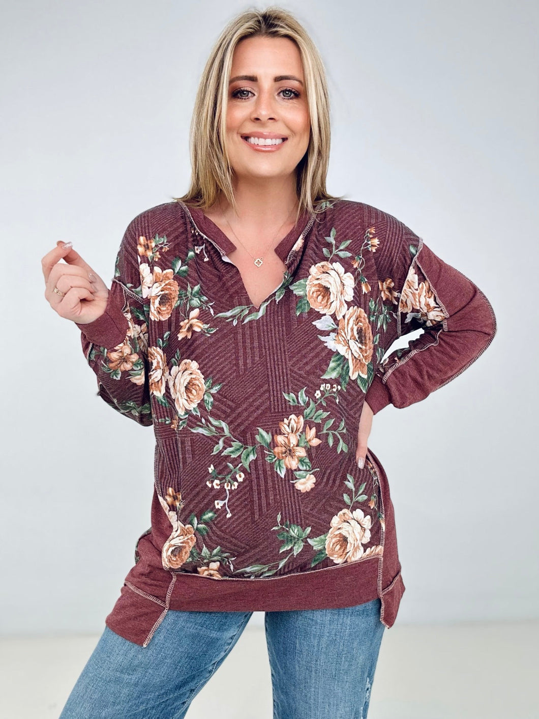 BiBi Floral Print Jacquard Knit Sweatshirt With Cut Edge