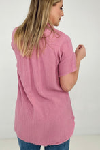 Load image into Gallery viewer, New Color - Zenana &quot;April&quot; Gauze Button Down Raw Edge Short Sleeve Top
