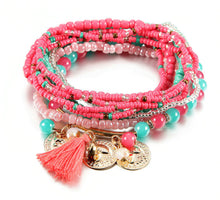 Load image into Gallery viewer, Watermelon and aqua gold coin stretchy bracelet set- FINAL SALE
