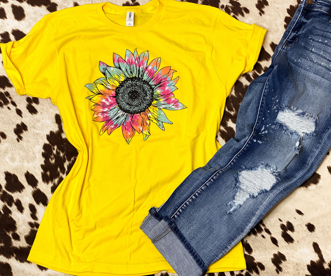 Yellow tie dye sunflower graphic tee