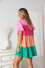 Load image into Gallery viewer, Double Take Color Block Buttoned Puff Sleeve Dress
