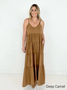 New Colors - Zenana V-Neck Cami Maxi Tiered Dress with Side Pockets