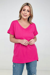 Zenana "Simply Spring" Ribbed V-Neck High-Low Hem Top with Side Slits