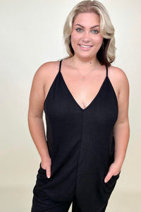 Textured Black Sleeveless V-Neck Pocketed Jumpsuit