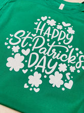 Load image into Gallery viewer, Happy St Patrick&#39;s Day clover hearts graphic tee
