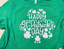 Load image into Gallery viewer, Happy St Patrick&#39;s Day clover hearts graphic tee
