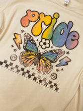 Load image into Gallery viewer, PRIDE rainbow butterfly on cream graphic tee
