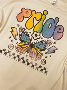 PRIDE rainbow butterfly on cream graphic tee